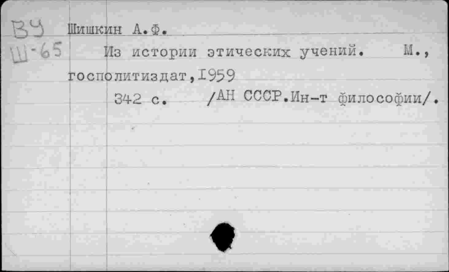 ﻿м.,
Шишкин А. Ф.
Из истории этических учений госполитиздат,1959
342 с. /АН СССР.Ин-т философии/